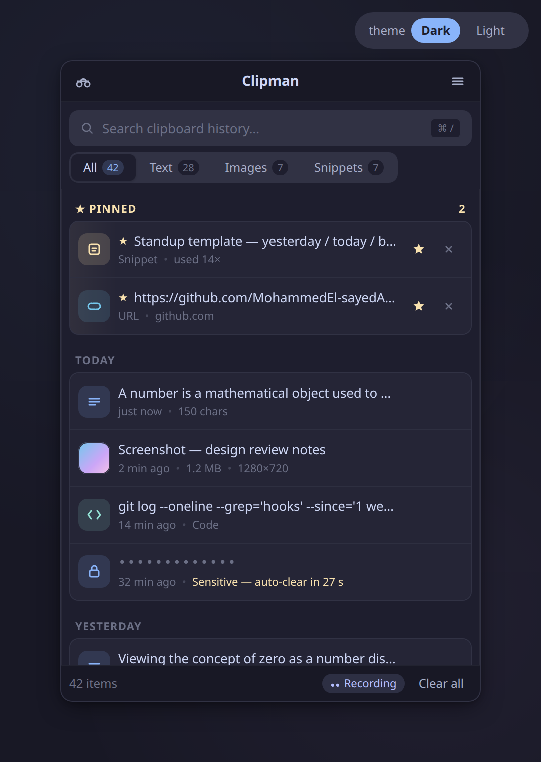 The Clipman popup window with search field, filter tabs, pinned items and a day-grouped clipboard list