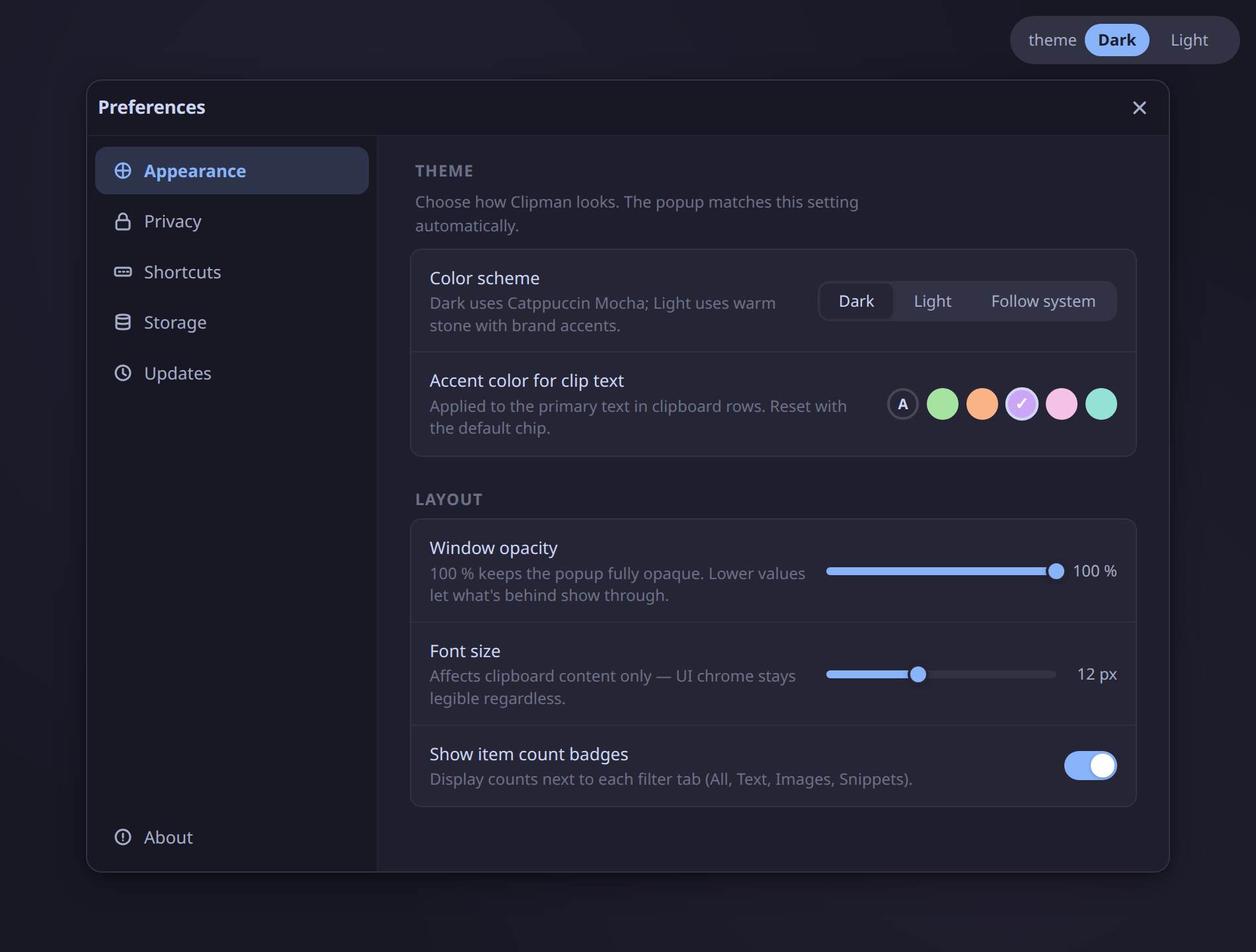 The Appearance preferences pane with theme picker, accent swatches, opacity and font-size sliders