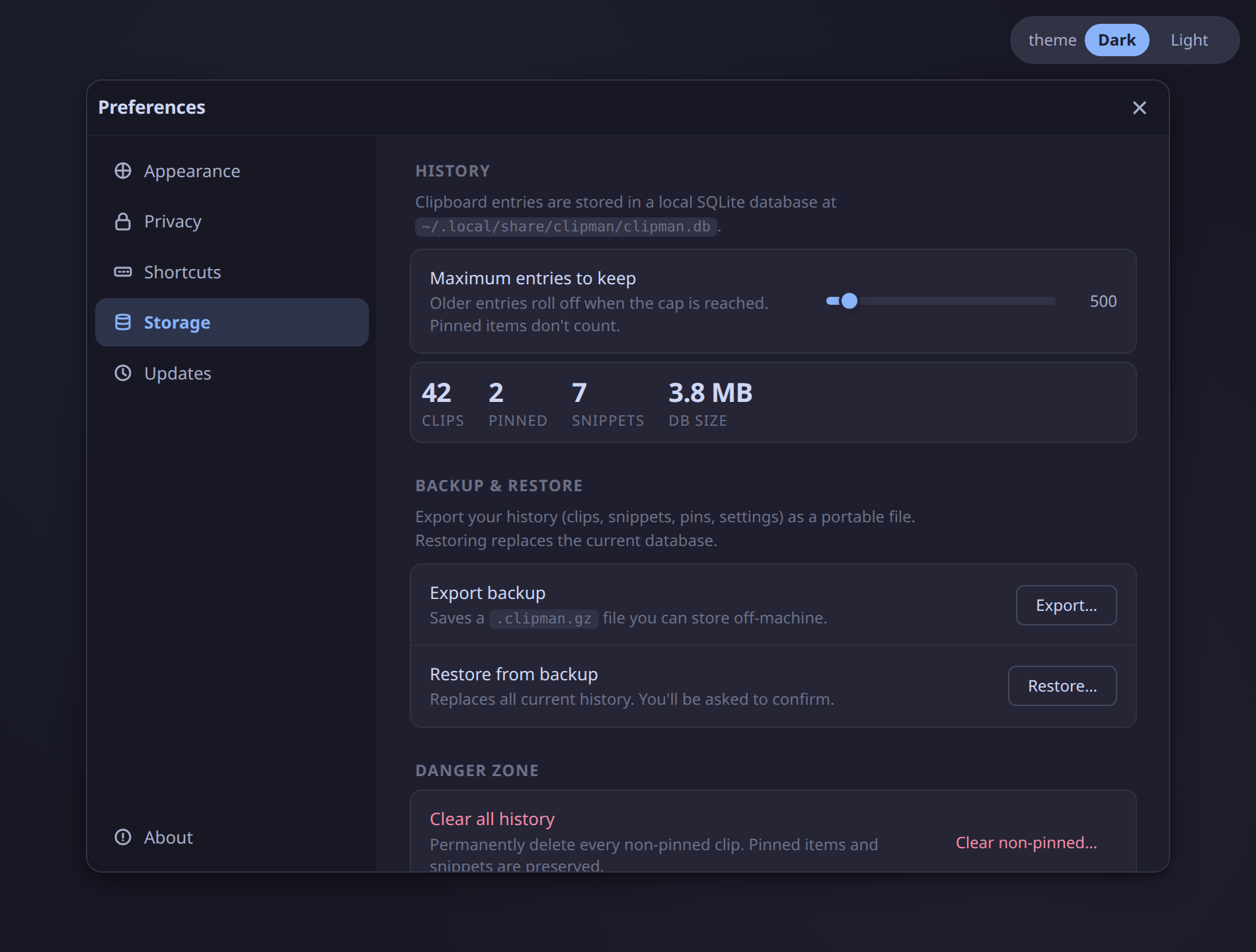 The Storage preferences pane with the maximum-entries slider, live database stats, and backup/restore actions