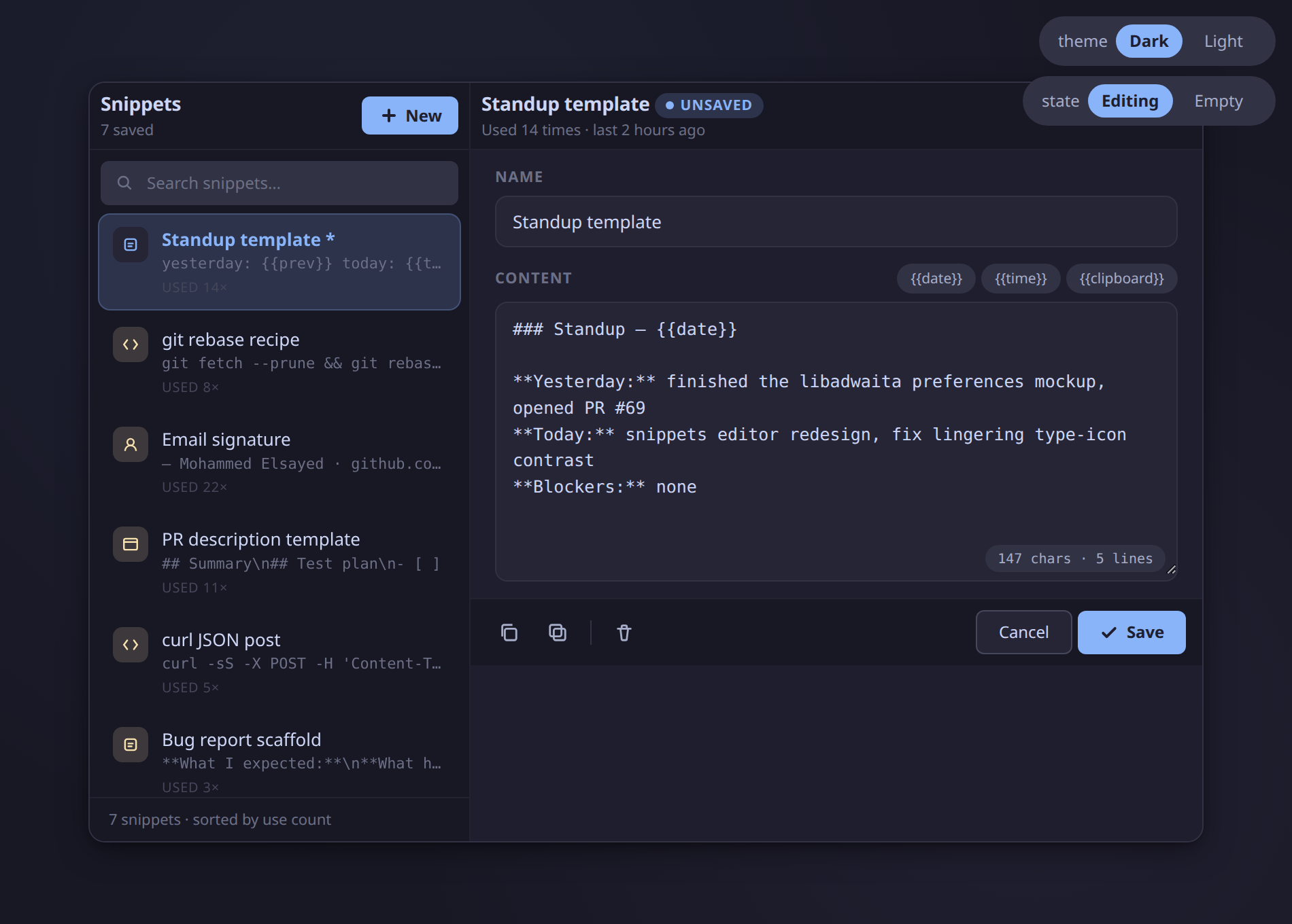 The snippets editor mockup showing a searchable list on the left and an editor form on the right with monospace content and {{date}} variables
