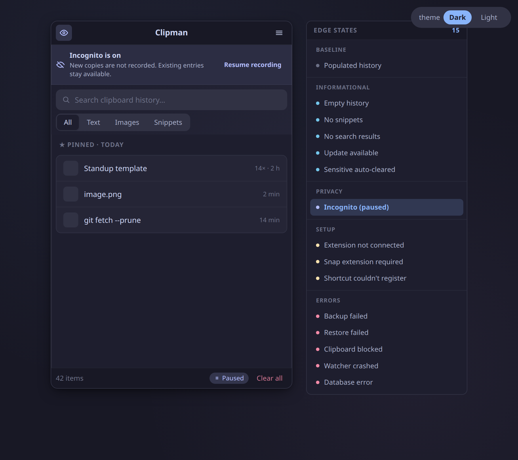 The popup in incognito mode showing a banner that recording is paused, with a Resume button
