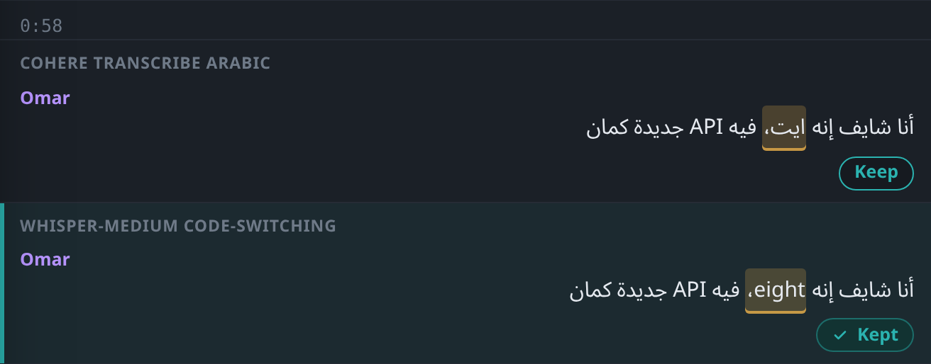 Compare transcripts in the app: Omar’s line as Cohere and whisper-medium wrote it, the differing word marked, and whisper-medium’s line kept