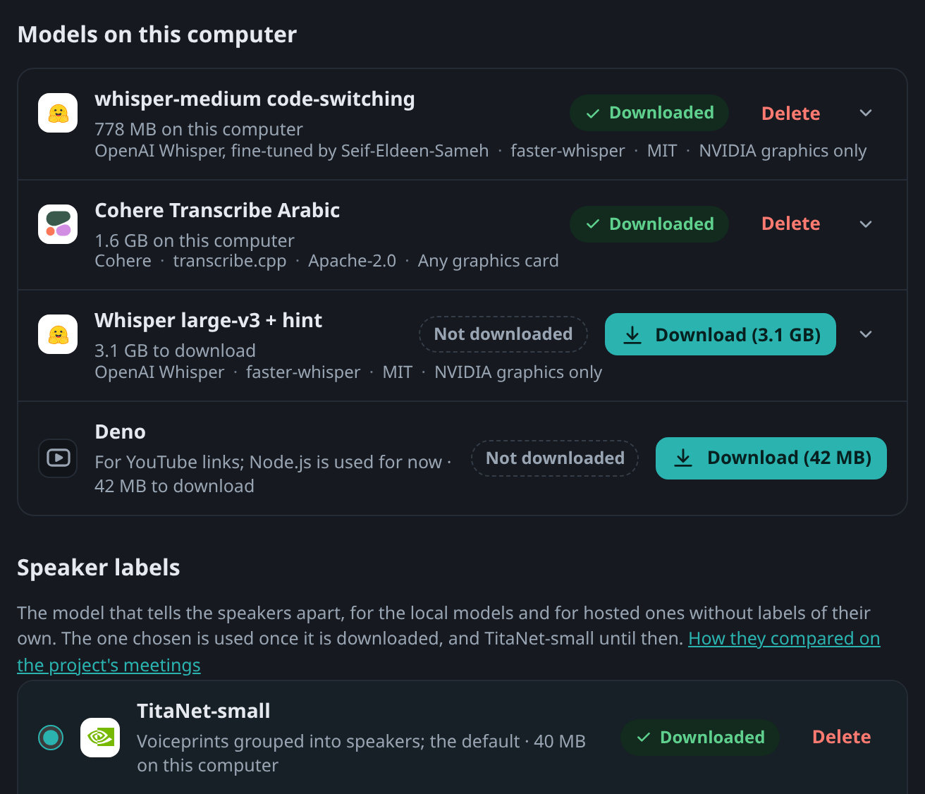 The app’s Settings, Models on this computer: whisper-medium code-switching, taking 778 MB, and Cohere Transcribe Arabic, taking 1.6 GB, both downloaded, and Whisper large-v3 still to download
