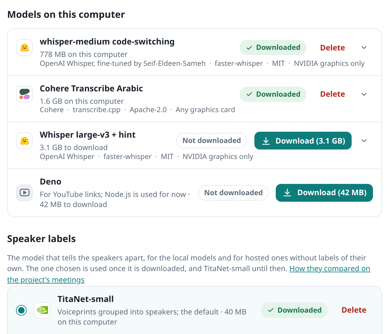 The app’s Settings, Models on this computer: whisper-medium code-switching, taking 778 MB, and Cohere Transcribe Arabic, taking 1.6 GB, both downloaded, and Whisper large-v3 still to download