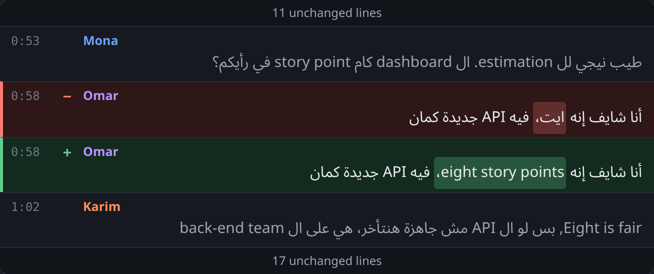 Review your changes in the app: Omar’s line as it was, in red, and as it is now, in green, with eight story points marked